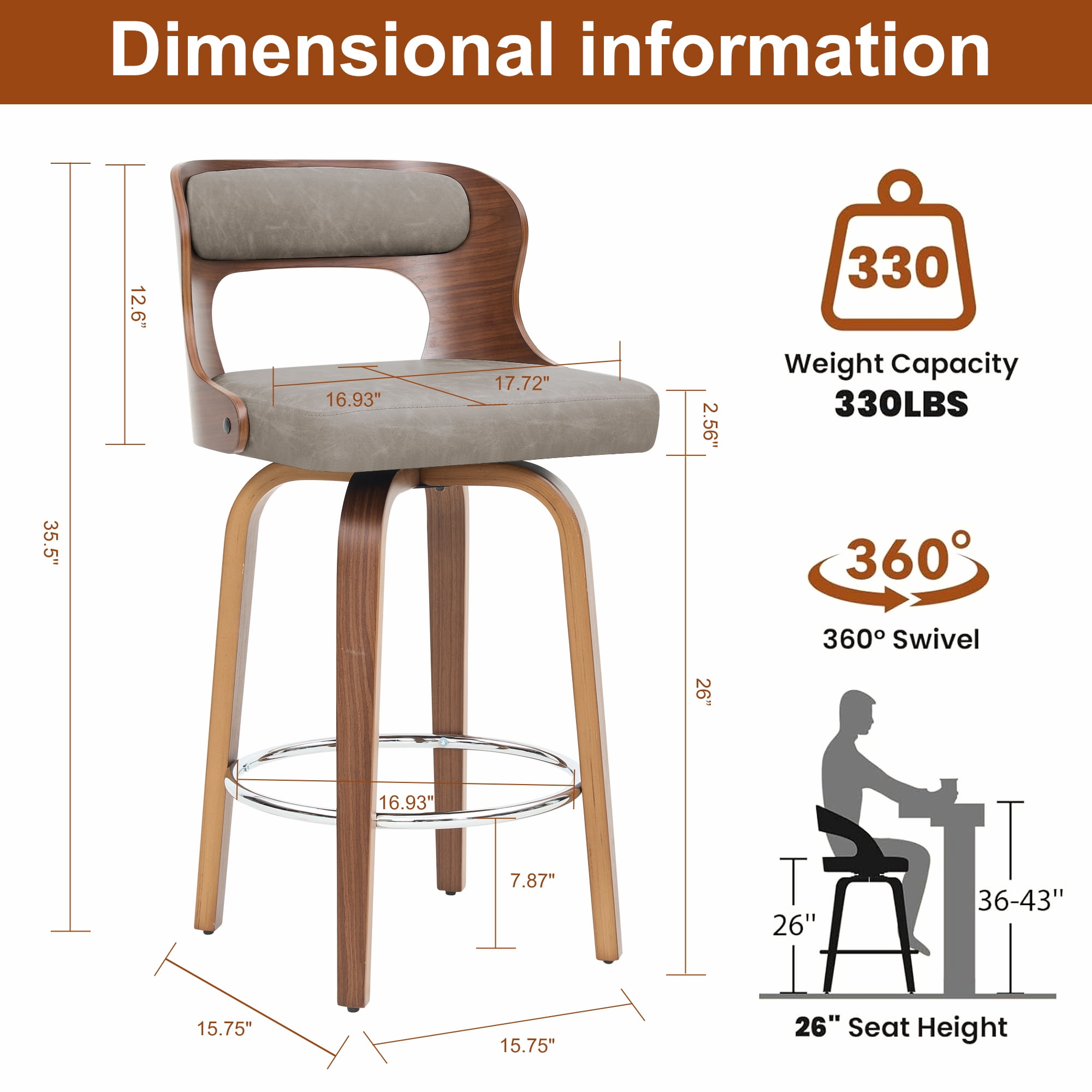 ClinQ 26 inch Swivel Bar Stools Set of 2, Counter Height Bar Chairs with Walnut Legs and Silver Ring Footrest, Upholstered Faux Leather, Gray