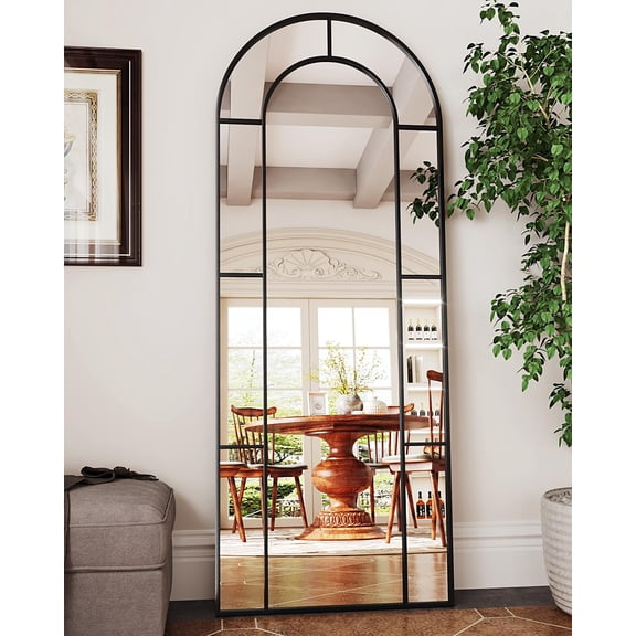 Antok 71"x 28" Arched Full Length Windowpane Mirror Metal Framed Wall Decor Floor Mirror, Black