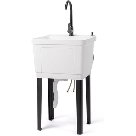 REKHH 13-Gallon Utility Sink Laundry Tub for Washing Room, Freestanding Utility Sink with Stainless Steel Faucet, (White, 19.7"W x 18.9"D x 33"H)