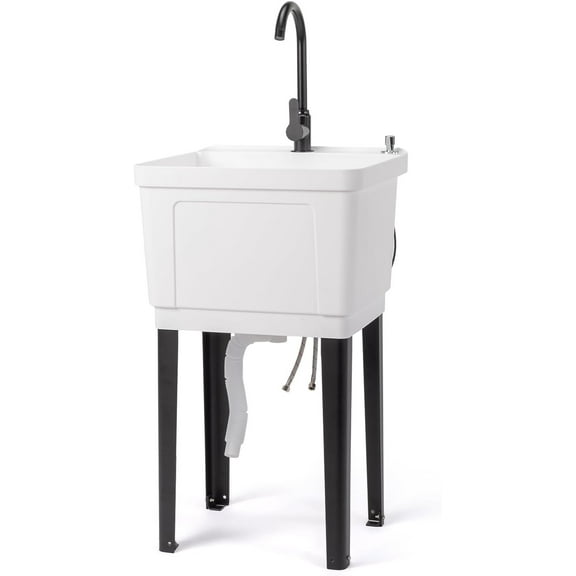 REKHH 13-Gallon Utility Sink Laundry Tub for Washing Room, Freestanding Utility Sink with Stainless Steel Faucet, (White, 19.7"W x 18.9"D x 33"H)
