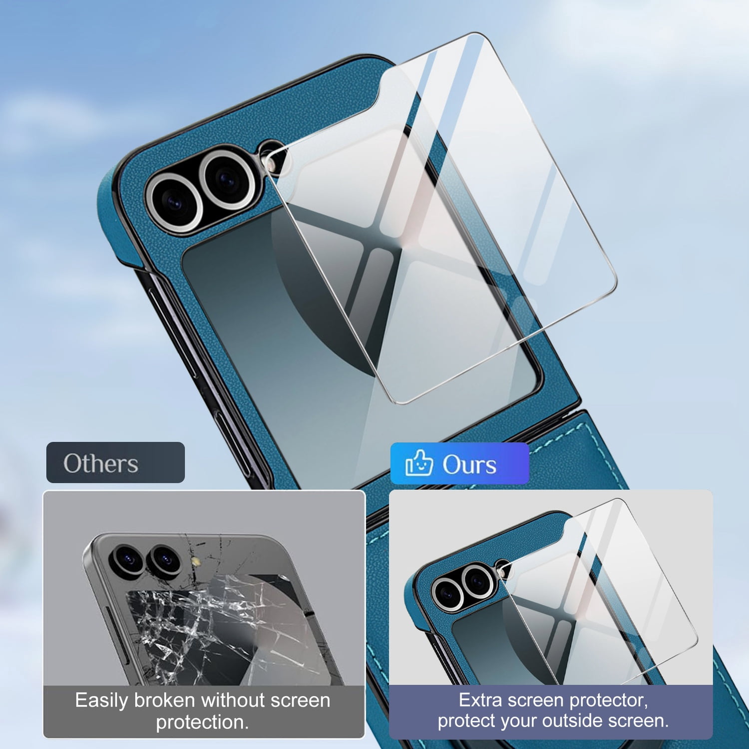 Compatible with Samsung Galaxy Z Flip 7 Phone Case,Built-in Screen Protector,360° Rotatable Ring Kickstand,Compatible with Mag-Safe,Anti-Scratch Leather Shockproof Rugged Phone Case,Blue