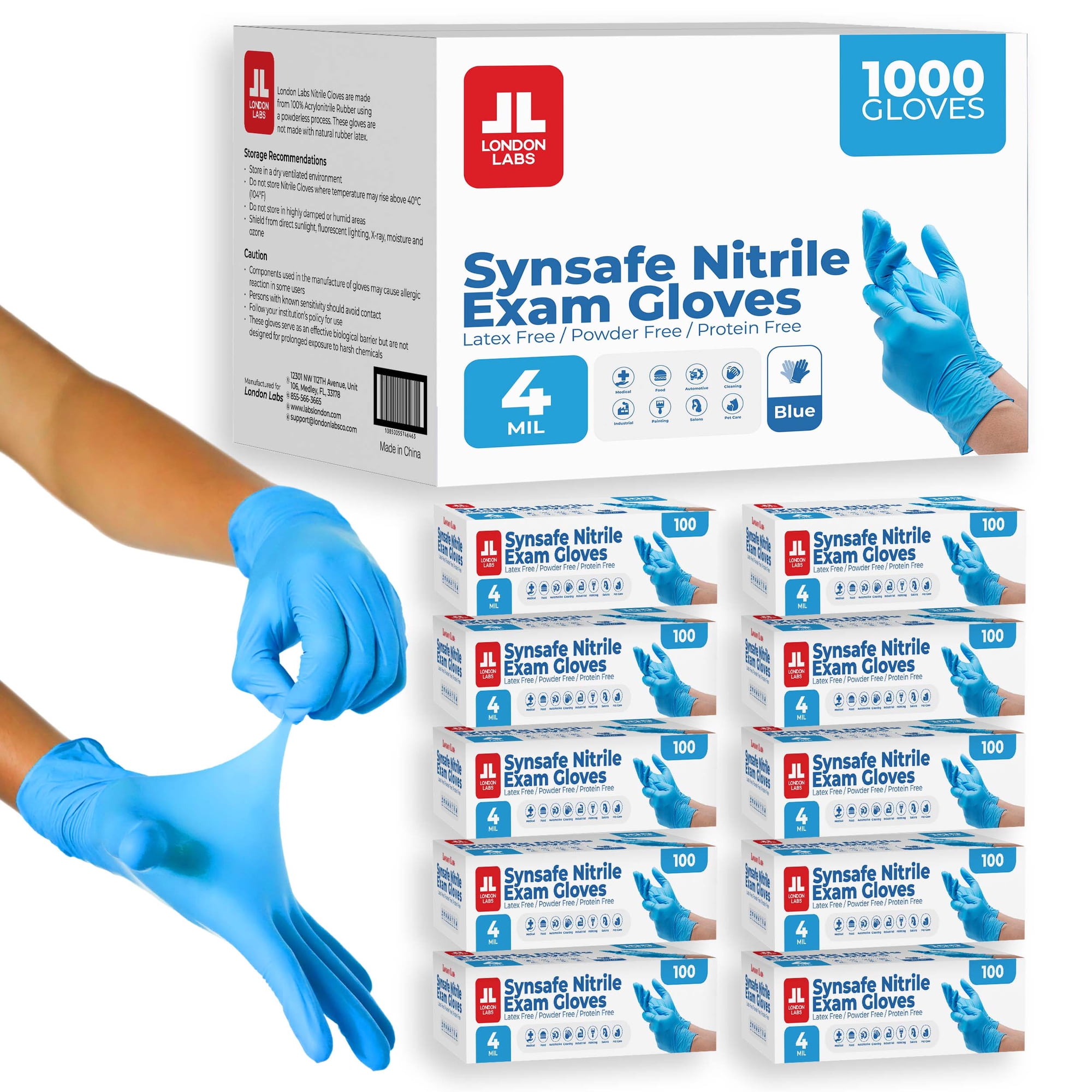 London Labs 4 Mil Disposable Nitrile Exam Gloves, Latex Free & Powder Free Gloves for Medical, food safe, EMT, Cleaning, Cooking - 1000ct large Synsafe blue gloves