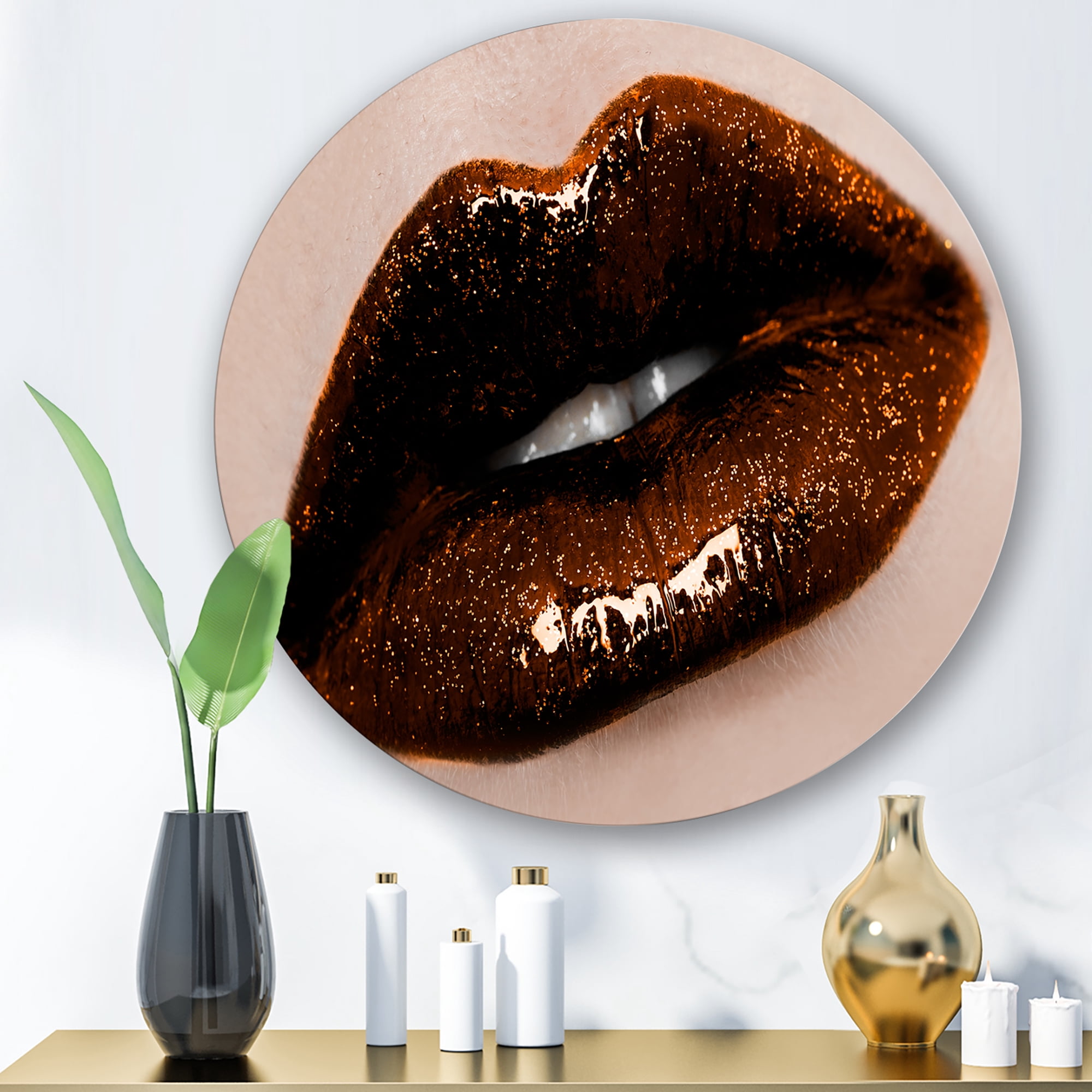 Designart 'Close-Up Of Gorgeous Female Lips II' Modern Circle Metal Wall Art 11x11 - Disc of 11