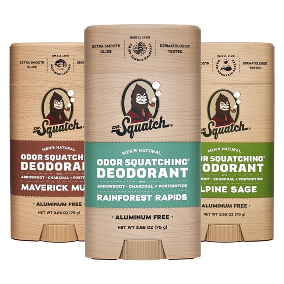 Dr. Squatch Natural Deodorant for Men - Aluminum Free - Maverick Musk, Alpine Sage & Rainforest Rapids (2.65 oz, 3-Pack)