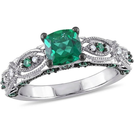 1-1/8 Carat T.G.W. Created Emerald and Diamond-Accent 10kt White Gold Miligrain Design Vintage Engagement