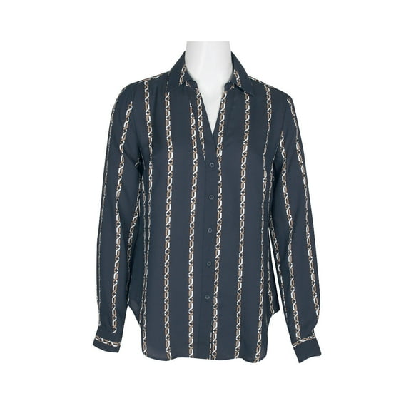 Joan Vass NY Collared V-Neck Button Down Button Cuffed Long Sleeve Back Yoke Printed Woven Top-NAVY MULTI / S