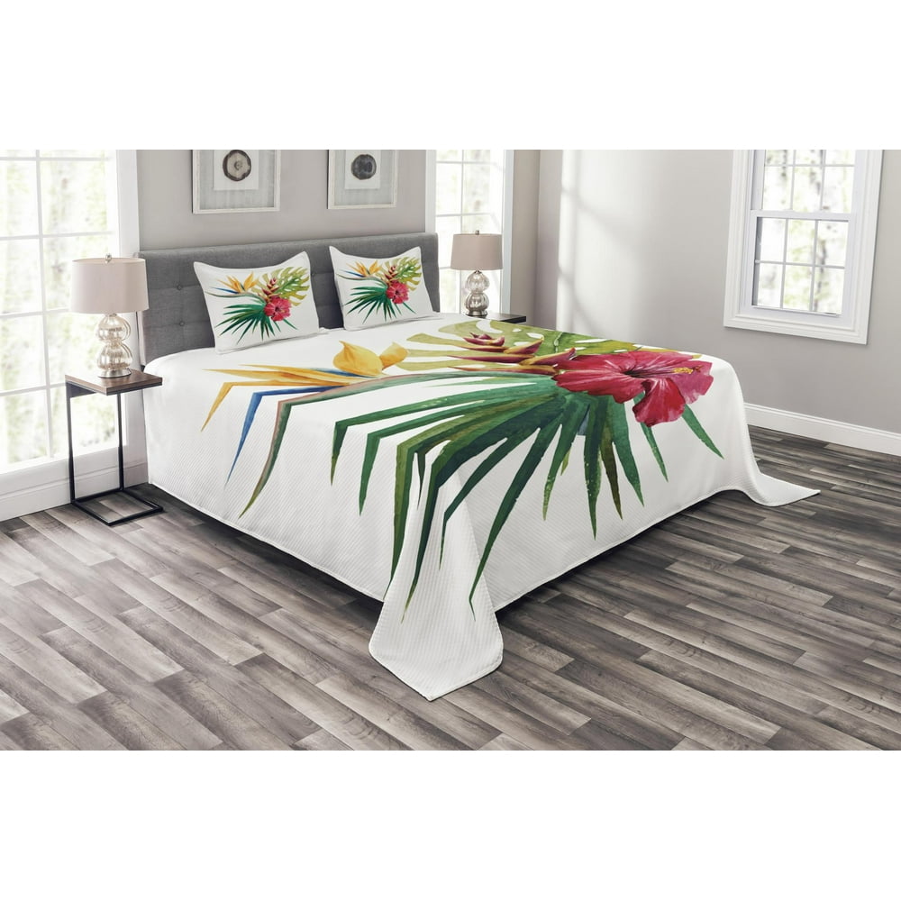 Floral Bedspread Set King Size, Wild Tropical Orchid Flower with Large