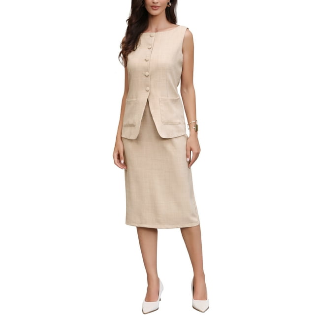 Conjunto de falda de 2 piezas Inspire Chic para mujeres, conjunto de trabajo de verano, chaleco sin mangas y falda recta XL beige