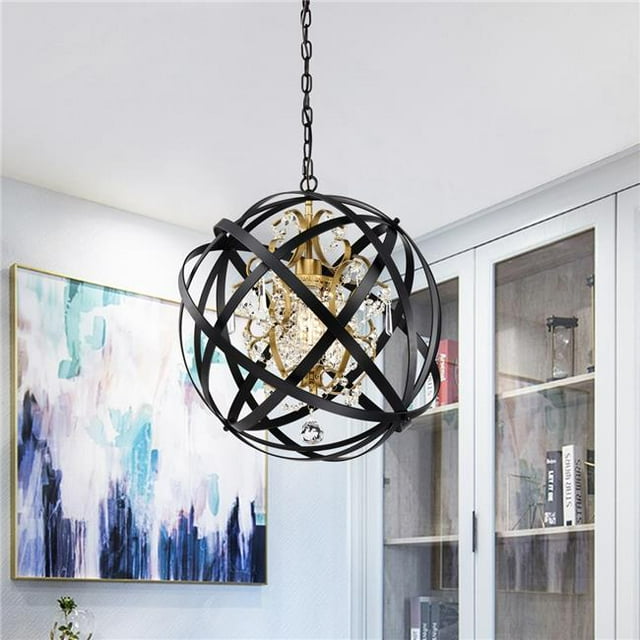 HM234-1MB 1-Light Kassdin Metal & Crystal Orb Chandelier - Matte Black & Gold