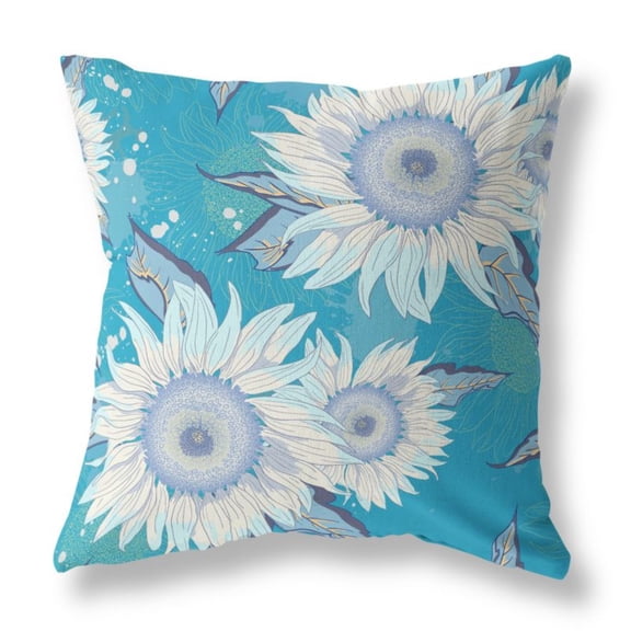 Sunflower Indoor/Outdoor Fabric Pillow with Zip in Blue Aqua White 16x16