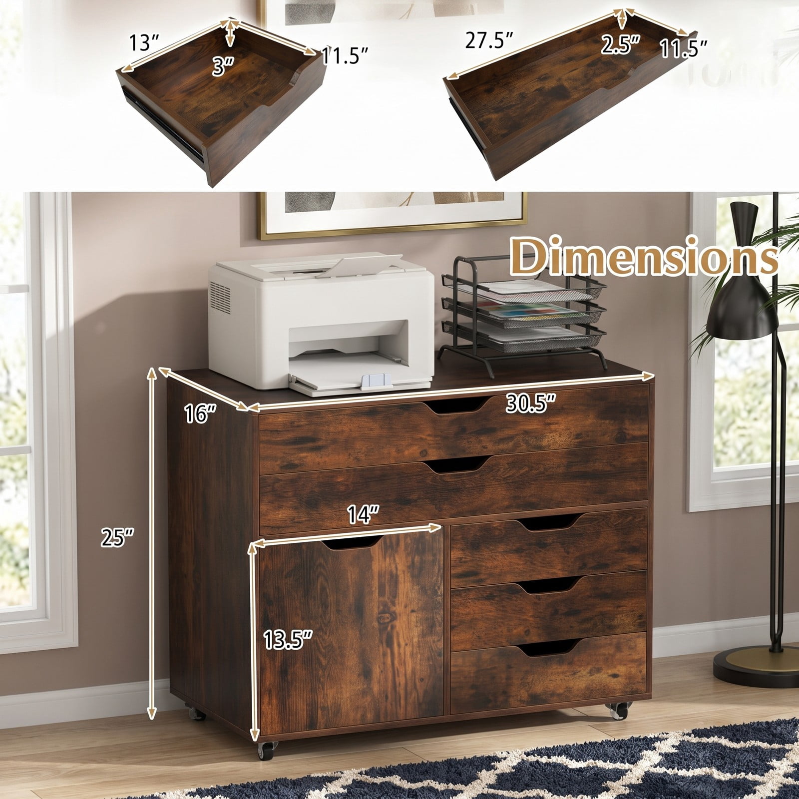 Furnibear Modern Vertical 5-Drawer Mobile Chest with Door, Rolling Storage Cabinet Dresser with 5 Lockable Swivel Casters, Wood File Cabinet Organizer for Home, Brown