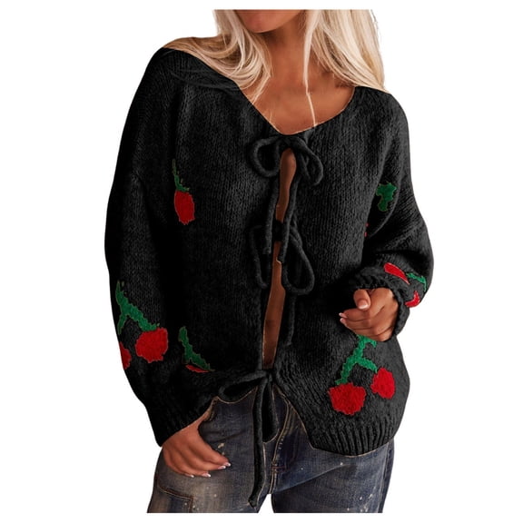 Sweater for Women Cherry Embroidered Lace Up Cardigan Cute Warm Knitted Trendy Outfits