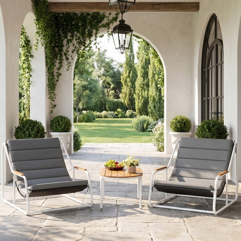 Vineego 3-Piece Patio Furniture Set with Acacia Wood Table,Modern Outdoor Lounge Chairs,All-Weather Steel Conversation Set for Backyard, Poolside, Balcony, Gray