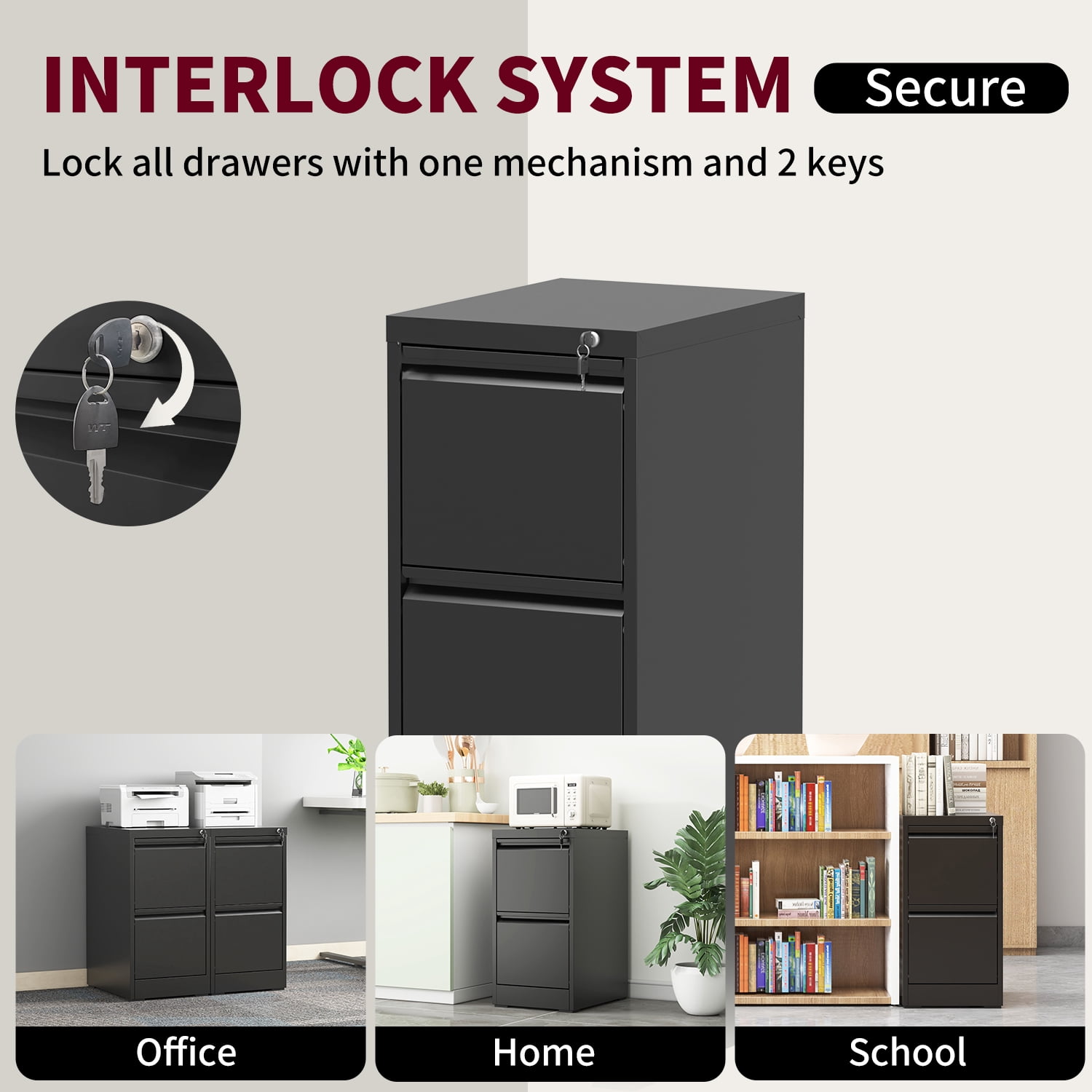 IKIMI 3-Drawer Metal Vertical Filing Cabinet with Lock for A4/Letter/Legal Size Files, Black