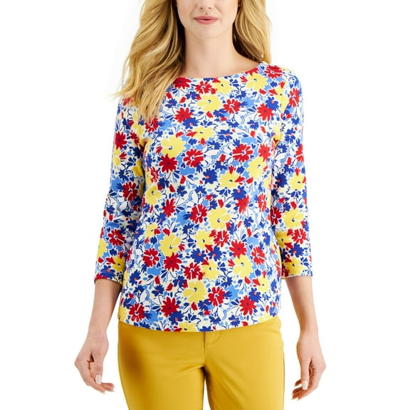 Charter Club Womens Printed Boat Neck 3/4 Sleeve Top Primrose Yellow Combo L