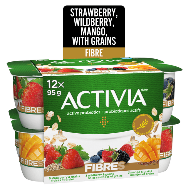 Activia Probiotic Yogurt, Fibre, Strawberry, Wildberry, Mango, 12x95g