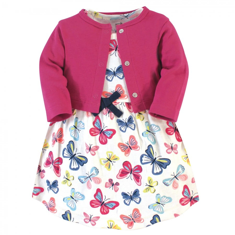 Touched by Nature Baby and Toddler Girl Organic Cotton Dress and Cardigan 2pc Set, Bright Butterflies, 3 Toddler