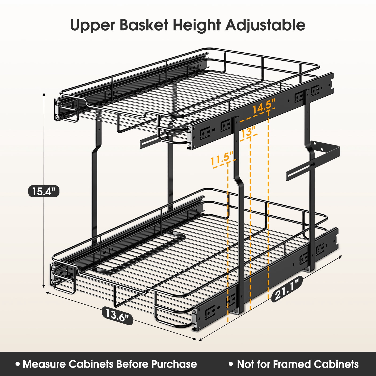 ORDORA 2 Tier Pull Out Cabinet Organizer, Heavy Duty Shelves for Kitchen Bathroom, Slide Out Chrome Steel Shelf Organizer Black