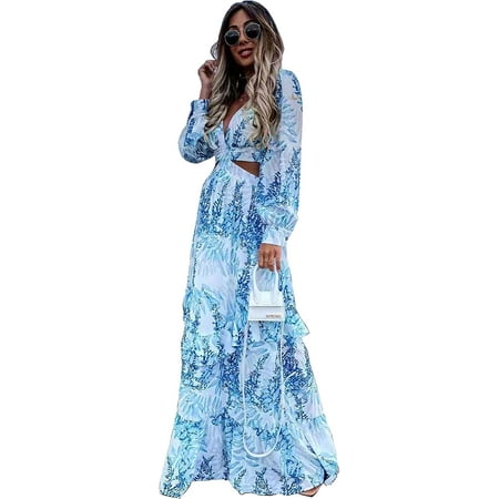 

PIKADINGNIS Womens Printed Sexy Low-Cut Show Cut Out Show Waist Ruffled Dress V-Neck Lantern Sleeve Summer Maxi Dresses for Women