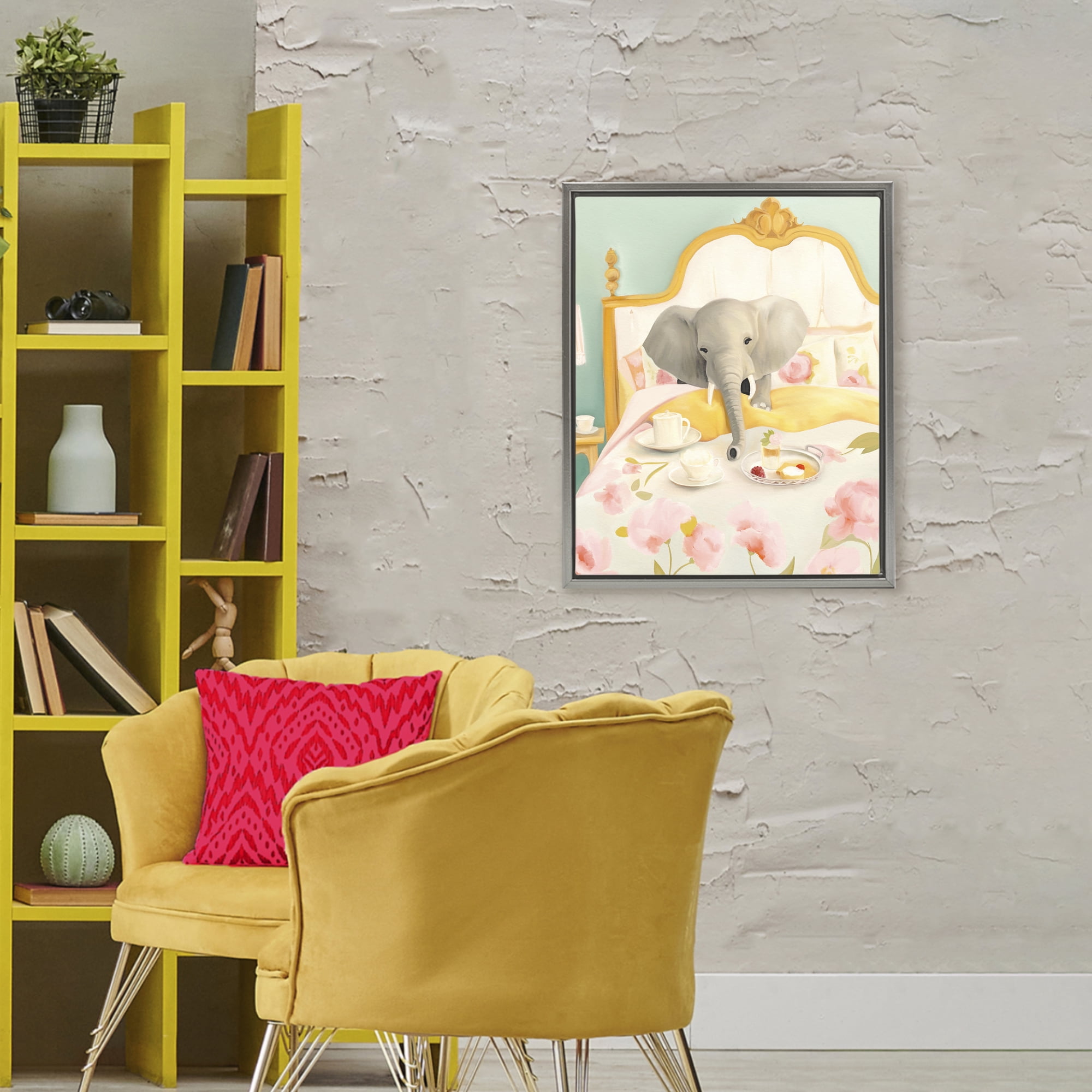 Breakfast in Bed Elephant Gray Framed Floater Canvas Wall Art, design by Leah Straatsma