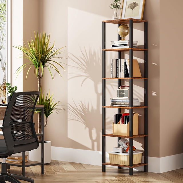 Librería TUTOTAK de 6 niveles, alta y estrecha, rústica, marrón