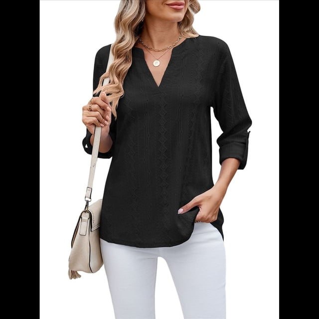 Blusas Casuales con Cuello en V y Ojales Bordados para Mujer, Blusas Playeras Elegantes. Negro L