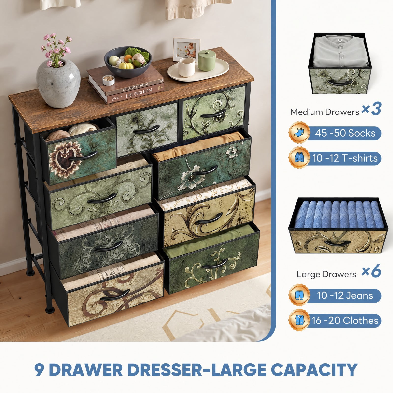 Telyra 9-Drawer Fabric Dresser Tall Storage Tower with Wood Top and Steel Frame Bedroom Closet Organizer, Floral Painted