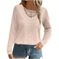thumbnail image 3 of Jinhomg Womens Tops Casual Waffle Knit Long Sleeve Fall Shirts Lace Boho Hollow Out Crewneck Work Blouse Tunics Pink,S, 3 of 7