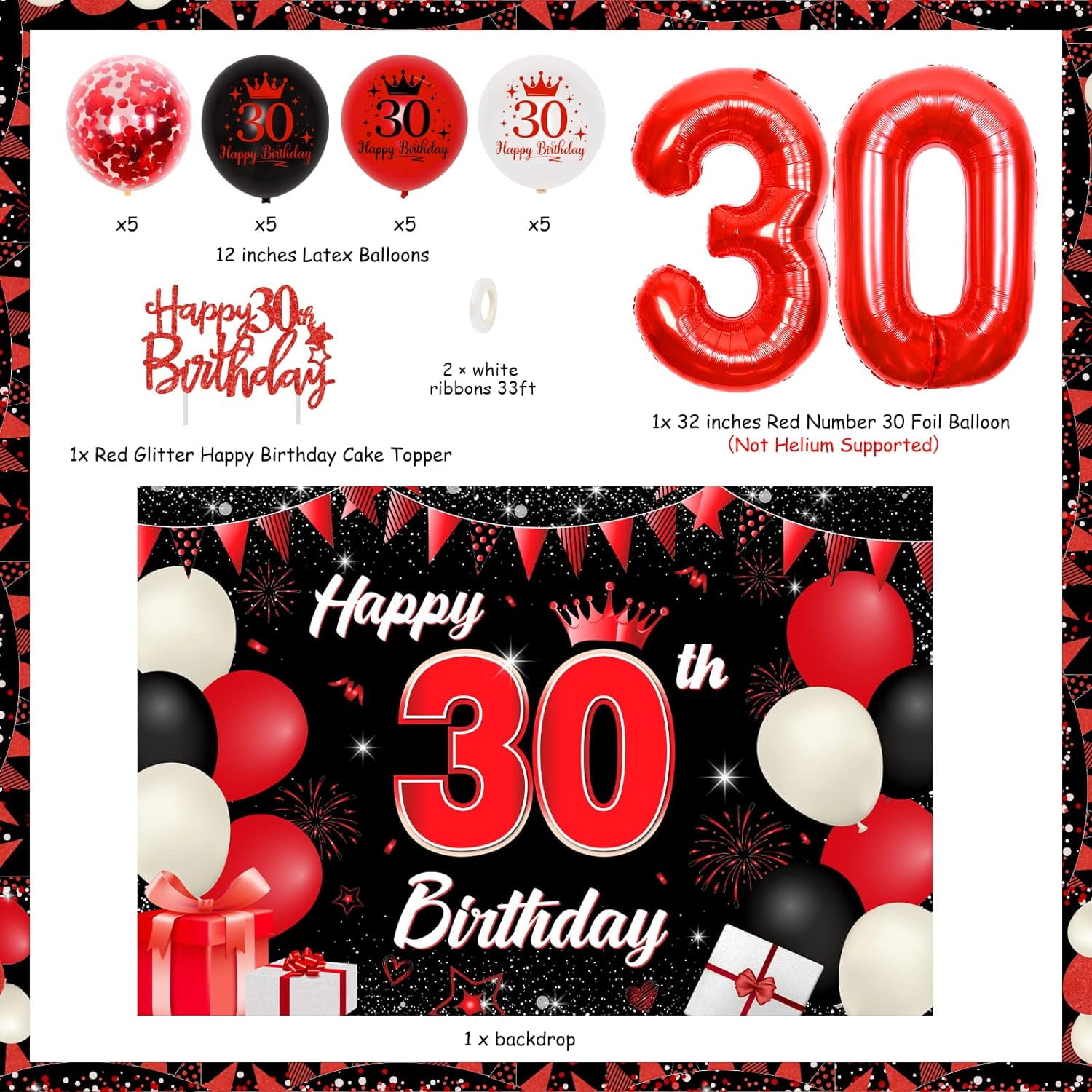 Black and red decorations for male and female 30th birthdays, background of 30th birthday cake and 30th balloon