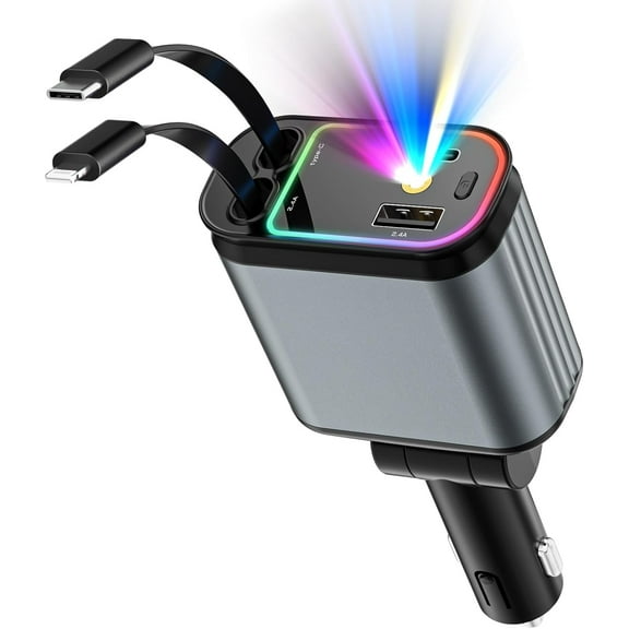 Retractable Car Charger with Starlight, 66W Starlight in Car roof 4 in 1 Retractable Car Phone Charger Adapter, Fast Charging USB C Cable, Compatible with iPhone 17/16/15/14/13/12/,Pixel