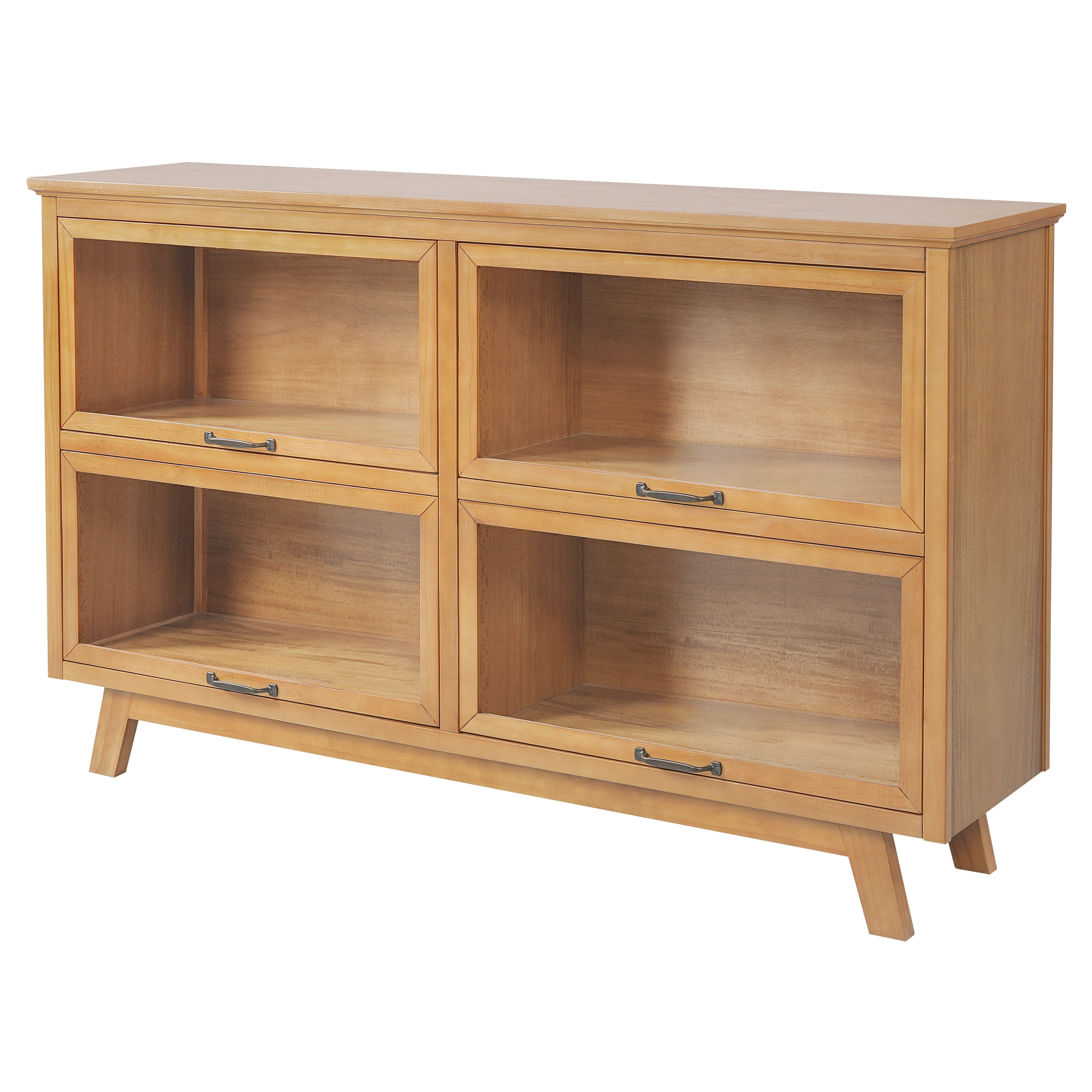 Modern Storage Cabinet with 4 Glass Doors and Wood Shelves, Display Cabinet with Antique Bronze Handles for Living Room, Natural
