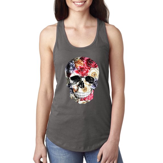 Roses Skeleton Face Floral Skull Fashion Ladies Racerback Tank Top, Dark Grey, Small