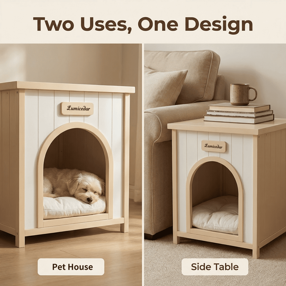 Homy Casa 23.6'' Solid Cedar Wood Pet House with Cushion, Indoor Outdoor Cat & Small Dog Shelter, Natural White