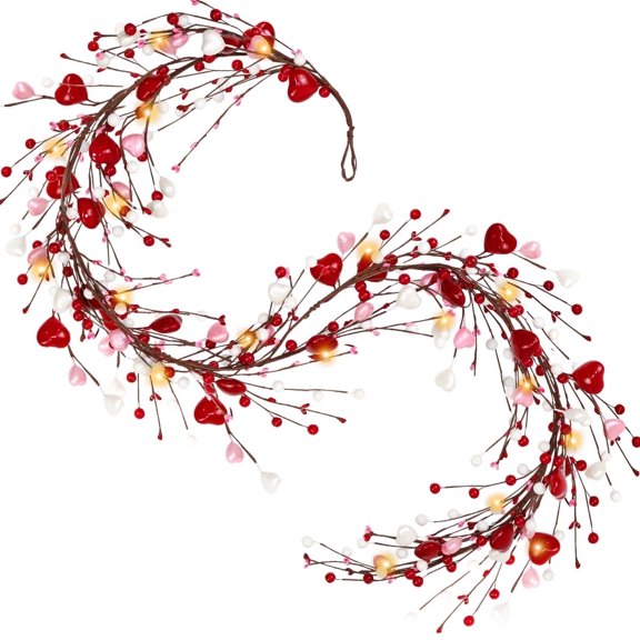 Valentine's Day Garland With Light Heart and Berry Garland for Home Indoor Outdoor Wedding ,Mantel, Valentines Day Decor 5.2ft