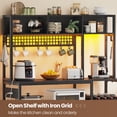 thumbnail image 5 of Baker Rack with Charging Station and LED Lights, Multifunctional Microwave Stand with 8 Open Shelves and Hutch, Coffee Bar with Spacious Desktop and 8-S Hooks for Kitchen, Black, 5 of 7