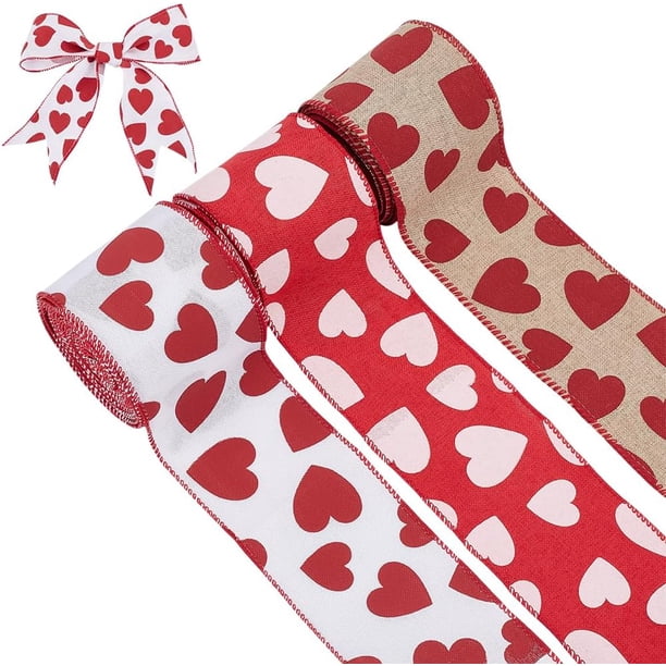 3 rollos de cinta de arpillera con alambre de 13 yardas con diseño de corazón rojo de 2,5 pulgadas con borde estampado, ideal para envolver regalos, bodas y aniversarios.