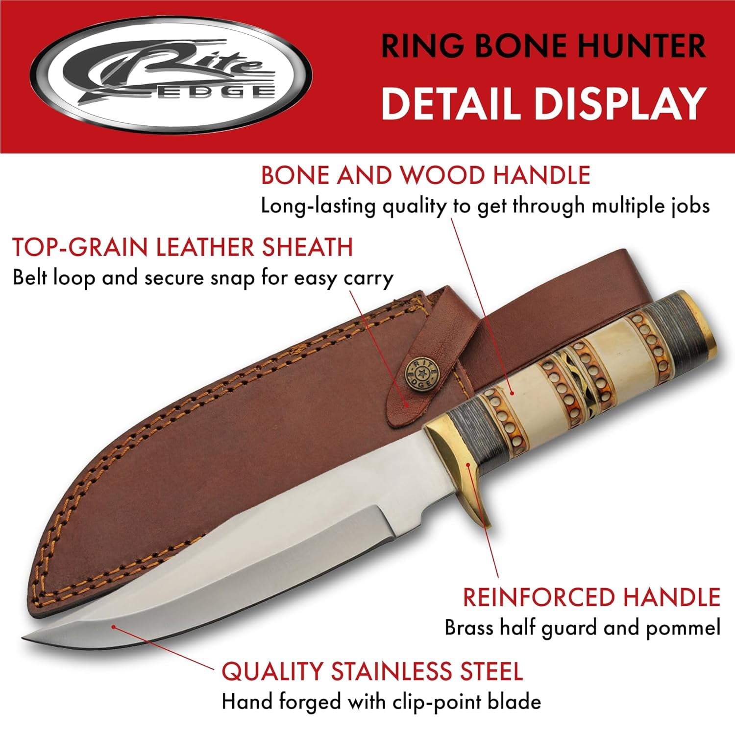 SZCO Supplies 12.5" Full Tang Clip Point Hunting Knife with Stainless Steel Blade, Bone & Wood Handle, Brass Guard, and Leather Sheath – Fixed Blade Outdoor Knife for Camping