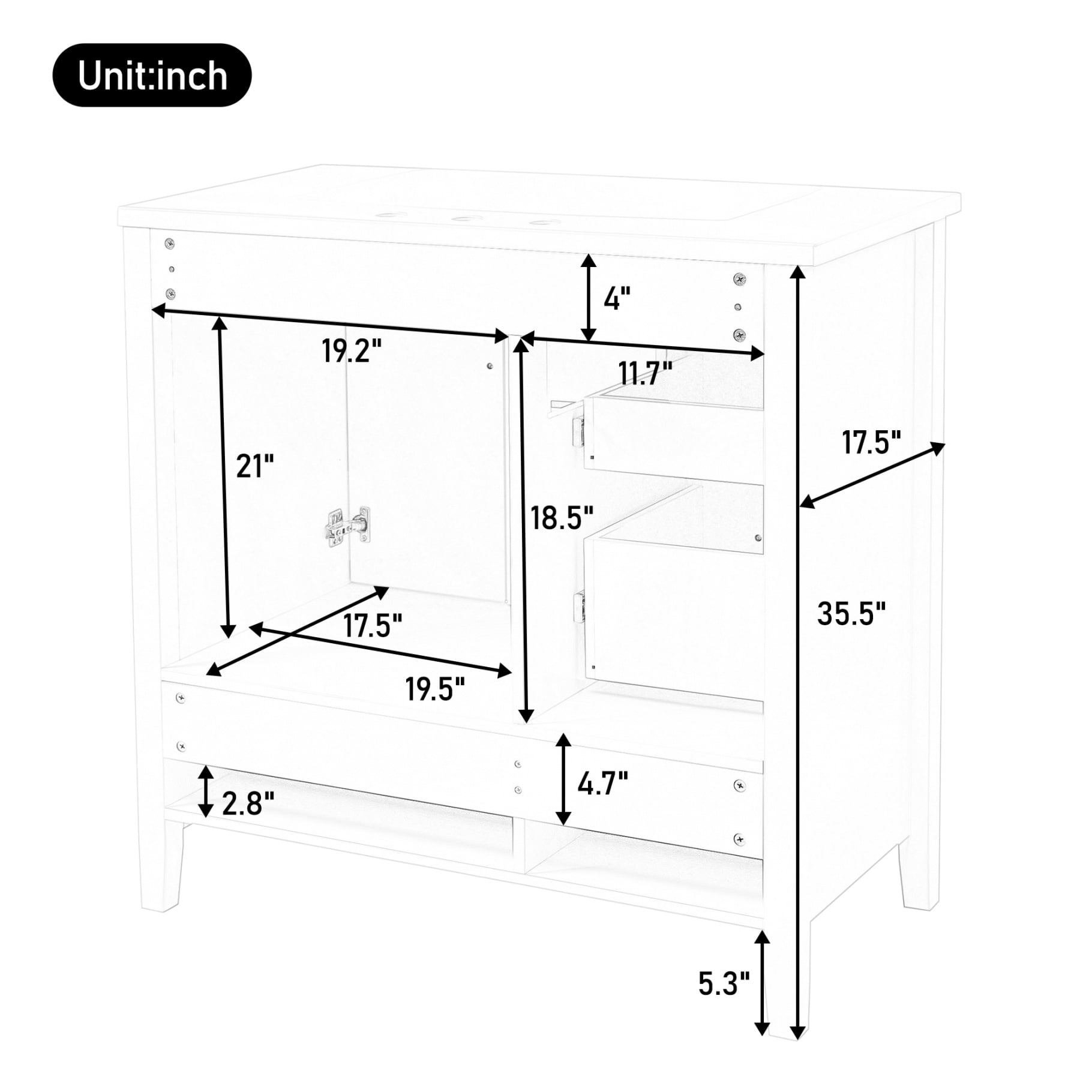 36" Bathroom Vanity with Sink, Modern Bathroom Storage Cabinet with 4 Drawers and 2 Soft-Closing Doors, Freestanding Solid Wood Bathroom Vanities, White