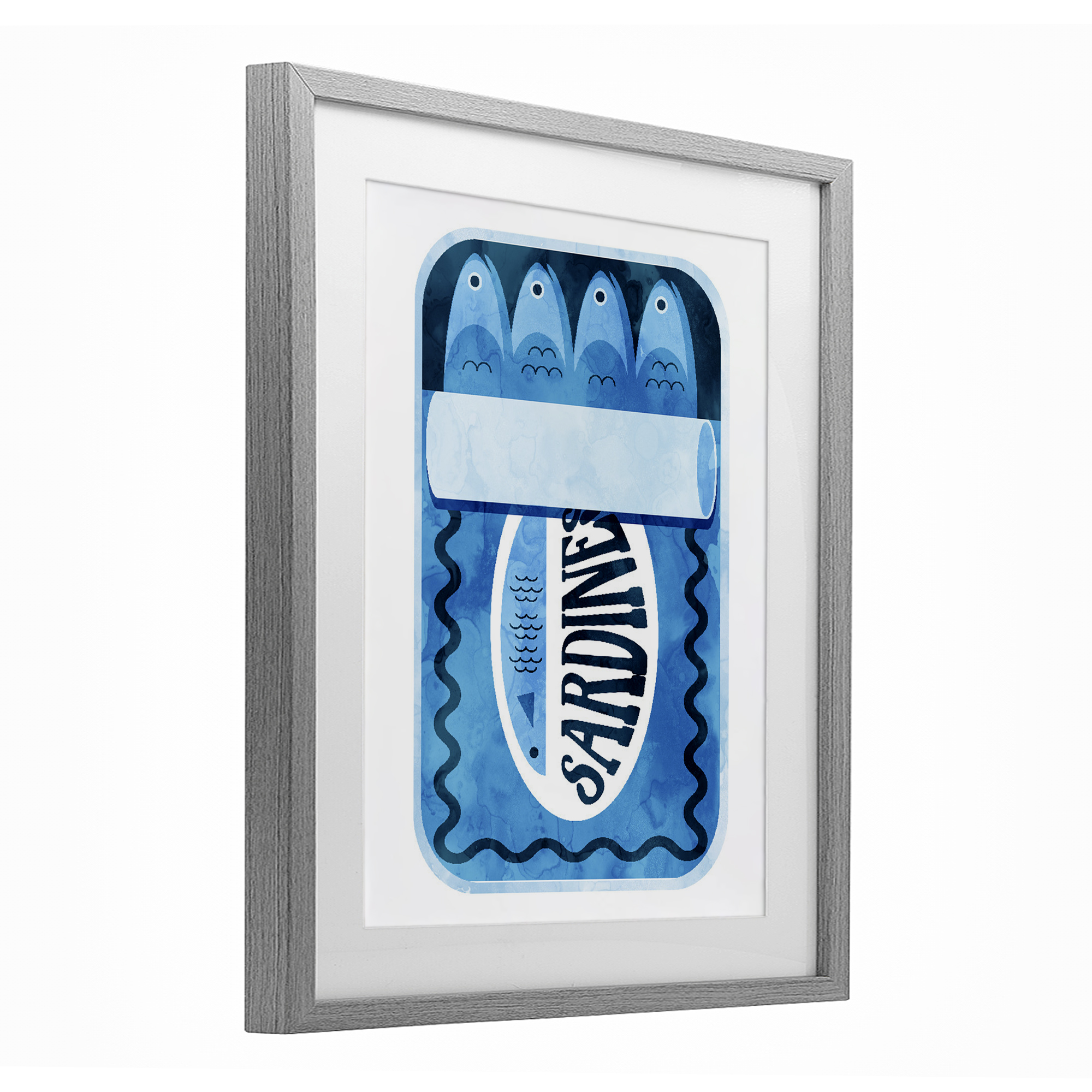 Retro Blue Sardine Tin Gray Framed Print Under Glass, design by Daphne Polselli