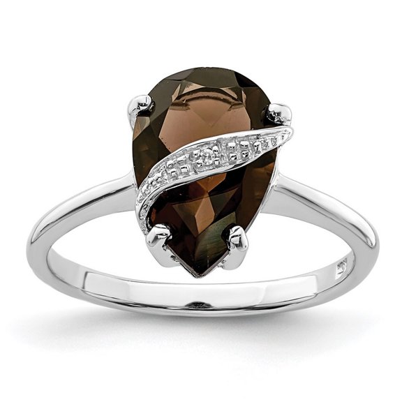 925 Sterling Silver Polished Rhodium Pear Smokey Quartz and Diamond Ring Size 6 Measures 2mm Wide - Ring for Women