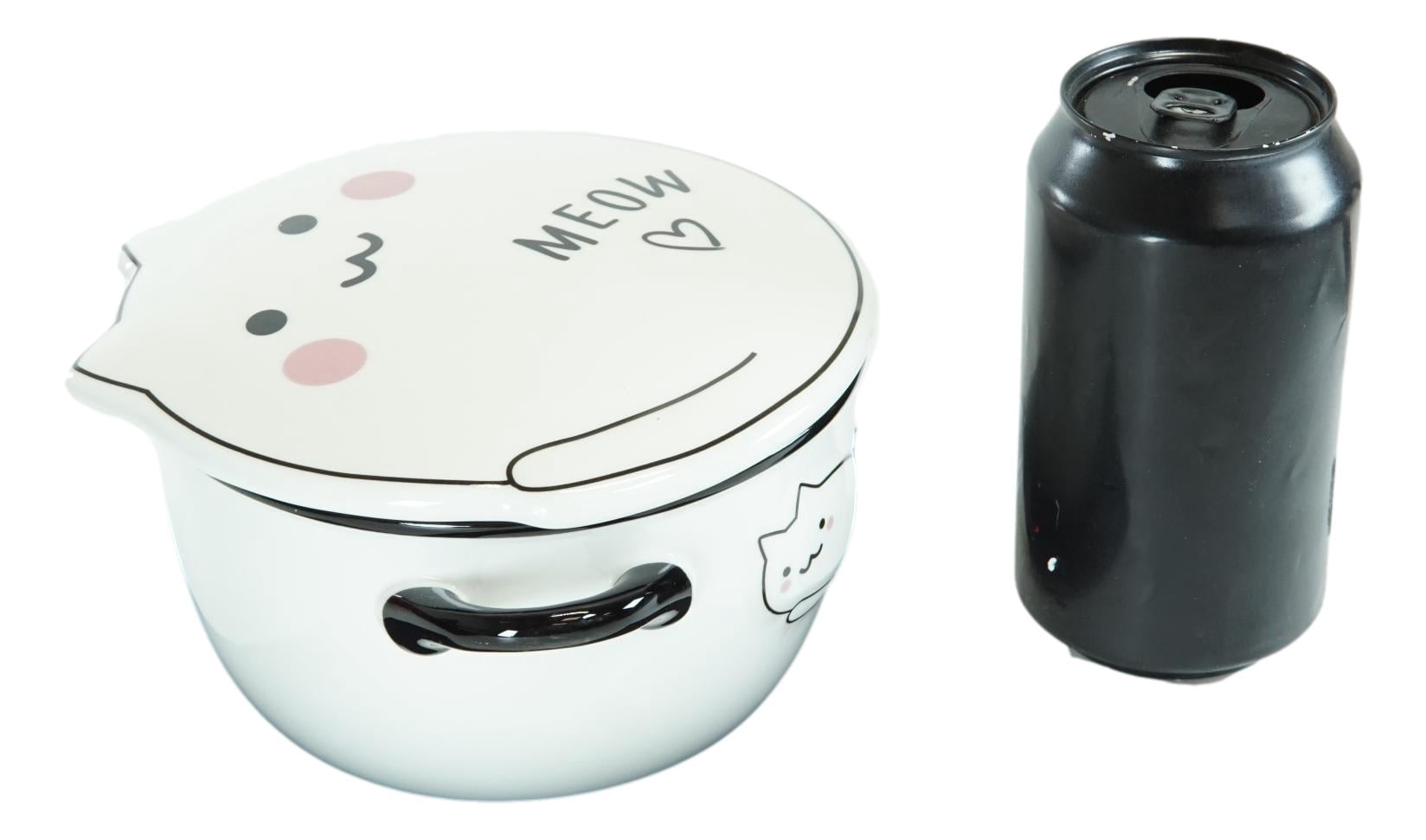 Ebros Pack Of 2 White Maneki Neko Lucky Cat Porcelain Kids Food Bowls W/Lid 25Oz