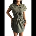 thumbnail image 3 of Vestido Camisero de Corta con Múltiples Bolsillos y Cuello para Mujer, con Cremallera y Estilo Vaquera Verde L, 3 of 7