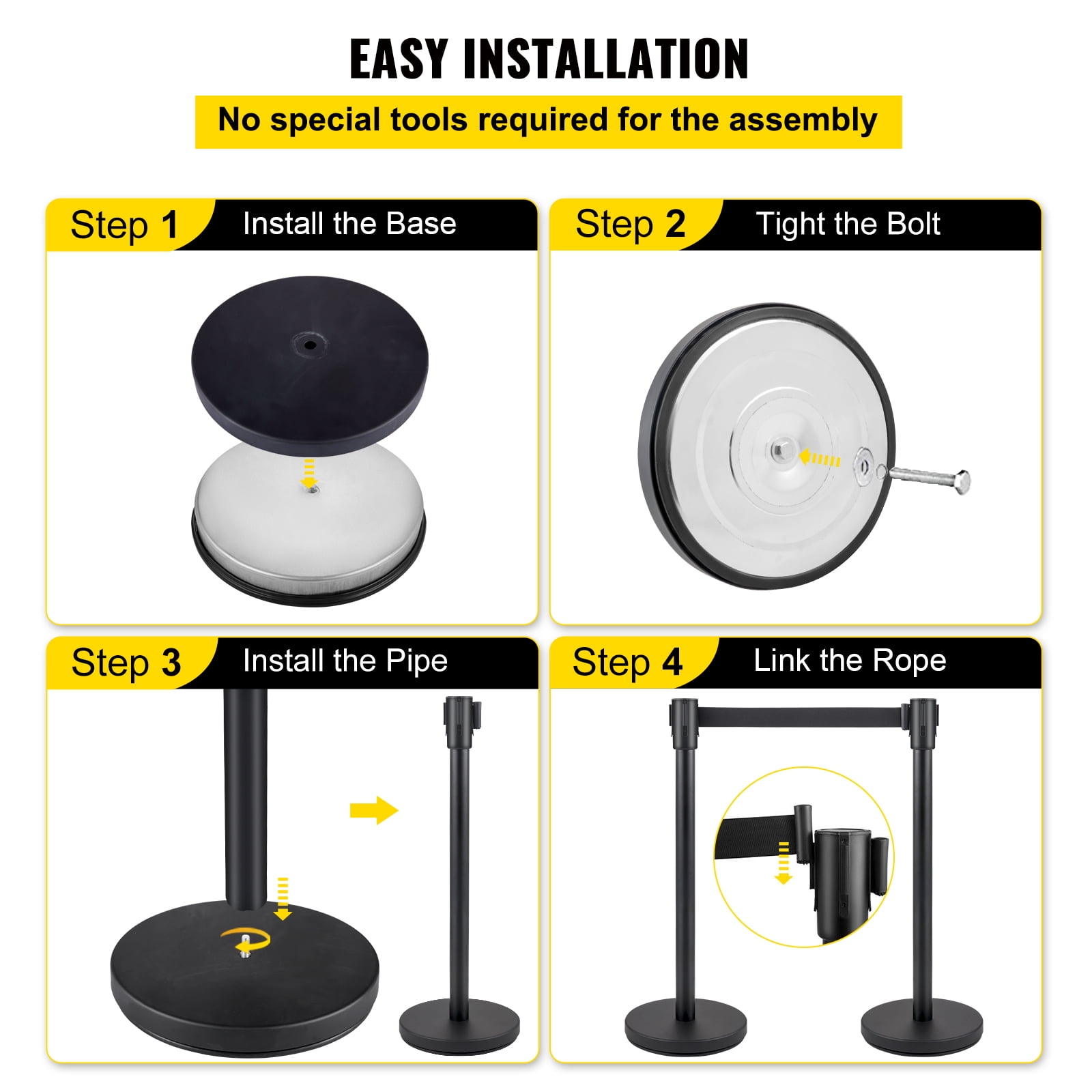 KFFKFF Crowd Control Stanchion, Set of 6 Pieces Stanchion Set, Stanchion Set with 6.6 ft/2 m Black Retractable Belt, Black Crowd Control Barrier w/Concrete and Metal Base – Easy Connect Assembly