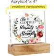 thumbnail image 2 of Bible Verse She is Clothed in Dignity and Strength Desk Decor Acrylic Desk Sign Inspirational Scripture Christian Acrylic Plaque Home Office Desk Shelf Decoration 4x4 Inch, 2 of 4