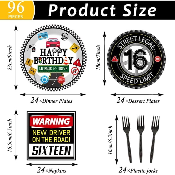 SHILIU-96Pcs Drivers License 16th Birthday Party Tableware Dinnerware Set 16th Birthday Disposable Plates Napkins Racing Car Driving License Parties Decoration Supplies for Boys Girls Party Supplies
