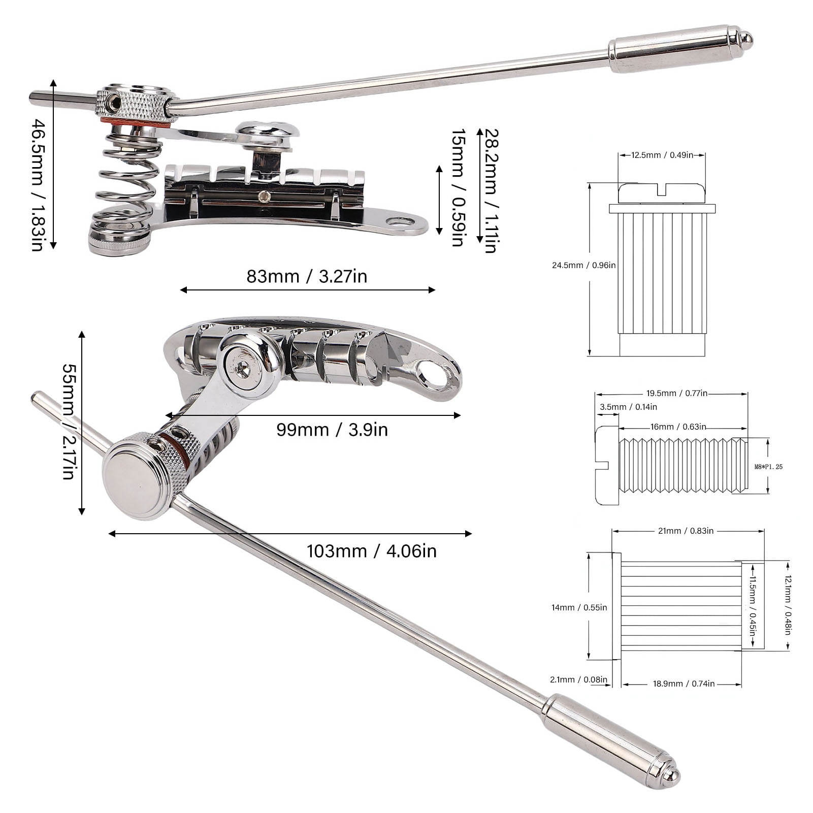 Nieyigj Silver Zinc Alloy Electric Guitar Jazz Tremolo Bridge Stop Bar Replacement Parts Set for Duesenberg Les Trem II, Les Paul, LP, SG Models, Includes Wrenches, 6 Pieces (9.45 in / 24 cm)
