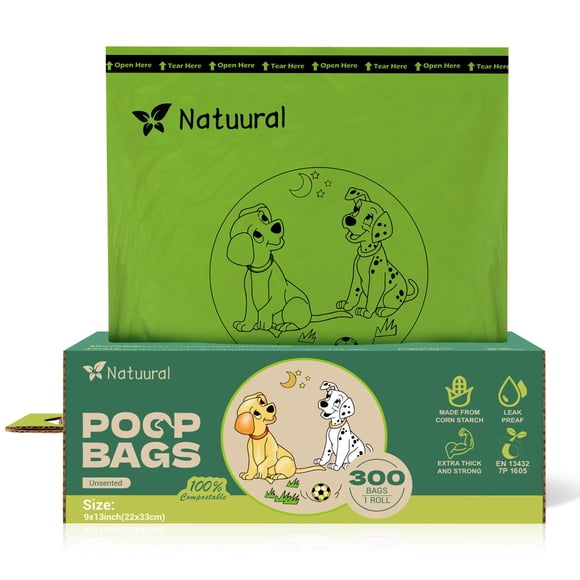 Bolsas compostables para excremento de perro Natuural, 300 piezas, 22 x 33 cm