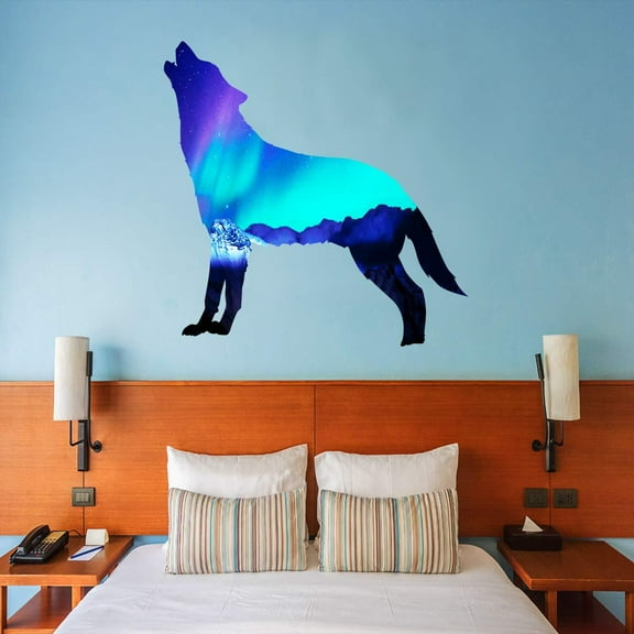 Howling Wolf Wall Decal- 36"H X 36"W Northern Lights Wall Sticker- Home Boys Room Decor Wall Mural- VWAQ SC12