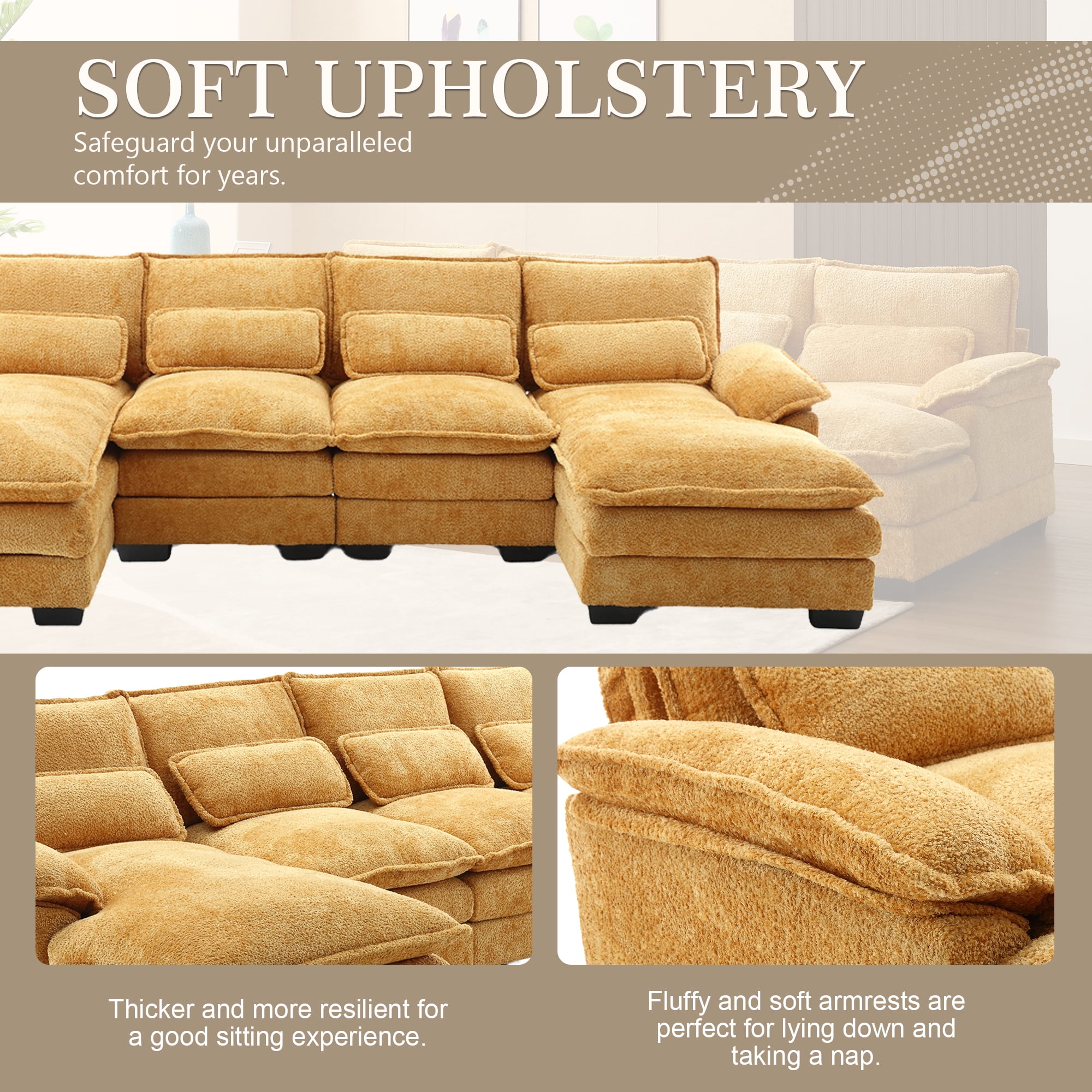 MOONMISS Chenille Upholstered U-Shaped Oversized four-seater Living Room Sectional Sofa With Wooden Frame-Mustard Yellow
