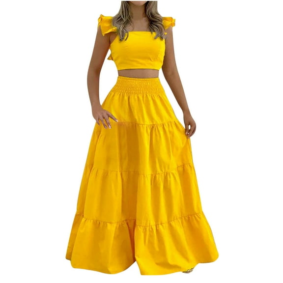 UAMVSH Women's 2 Piece Outfits Ruffle Sleeveless Tank Tops and Smocked Waist Tiered Skirts Trendy Boho Flowy Beach Dress Sets(X-Large,Yellow)